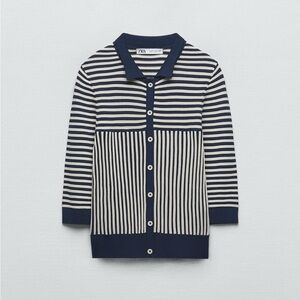 Zara Striped Button-Down Shirt in Navy and Cream NWT Size Medium